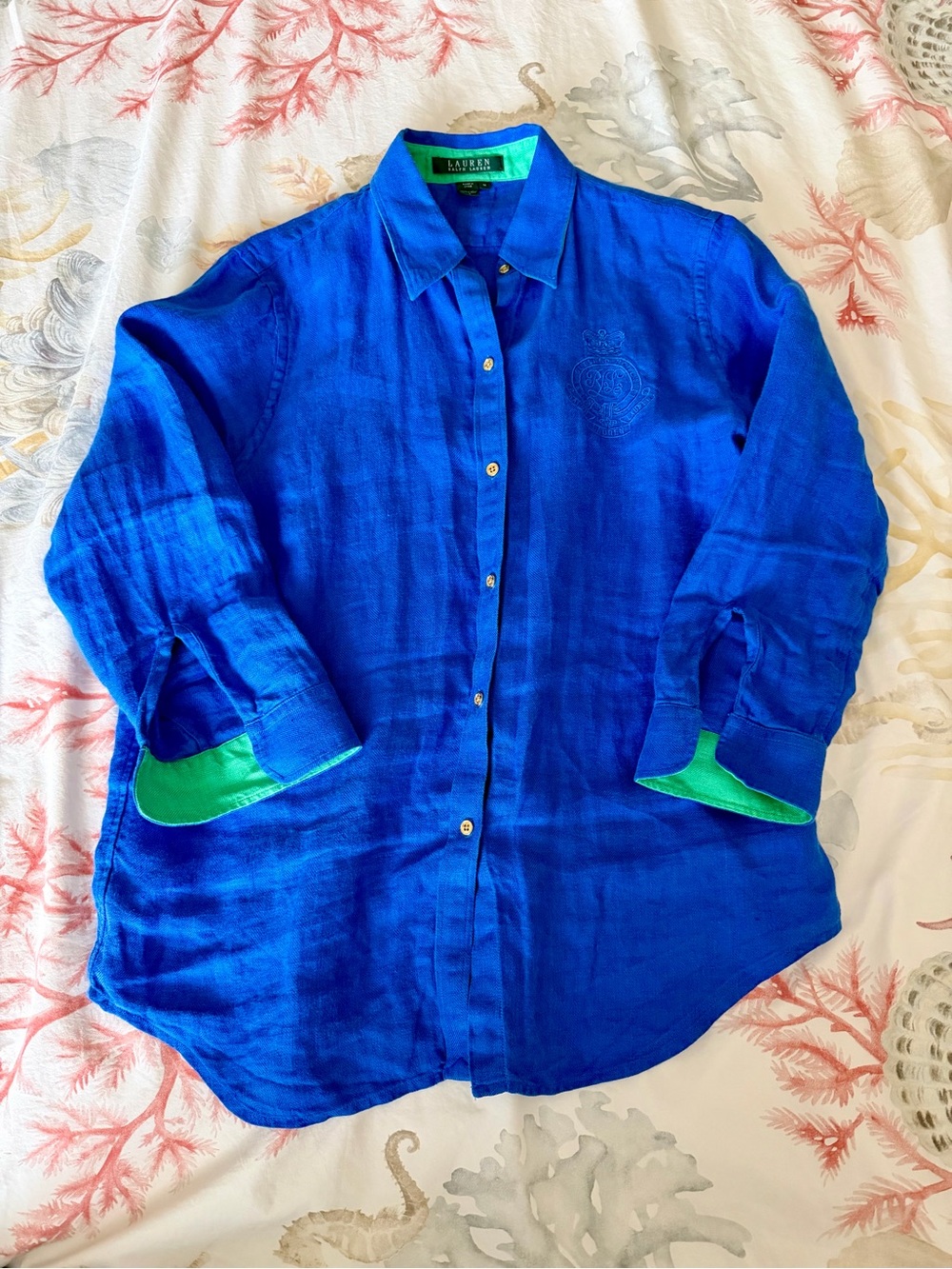 Ralph Lauren Women’s Button Up 3/4 Sleeves Linen Preppy Embroidered Crest Bright